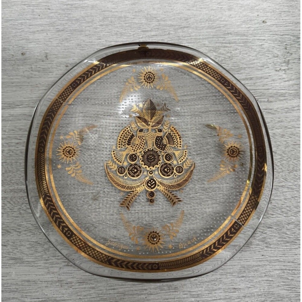 Vintage Georges Briard Gold Doves Partridge 7" Glass Small Plate Tray MCM Signed